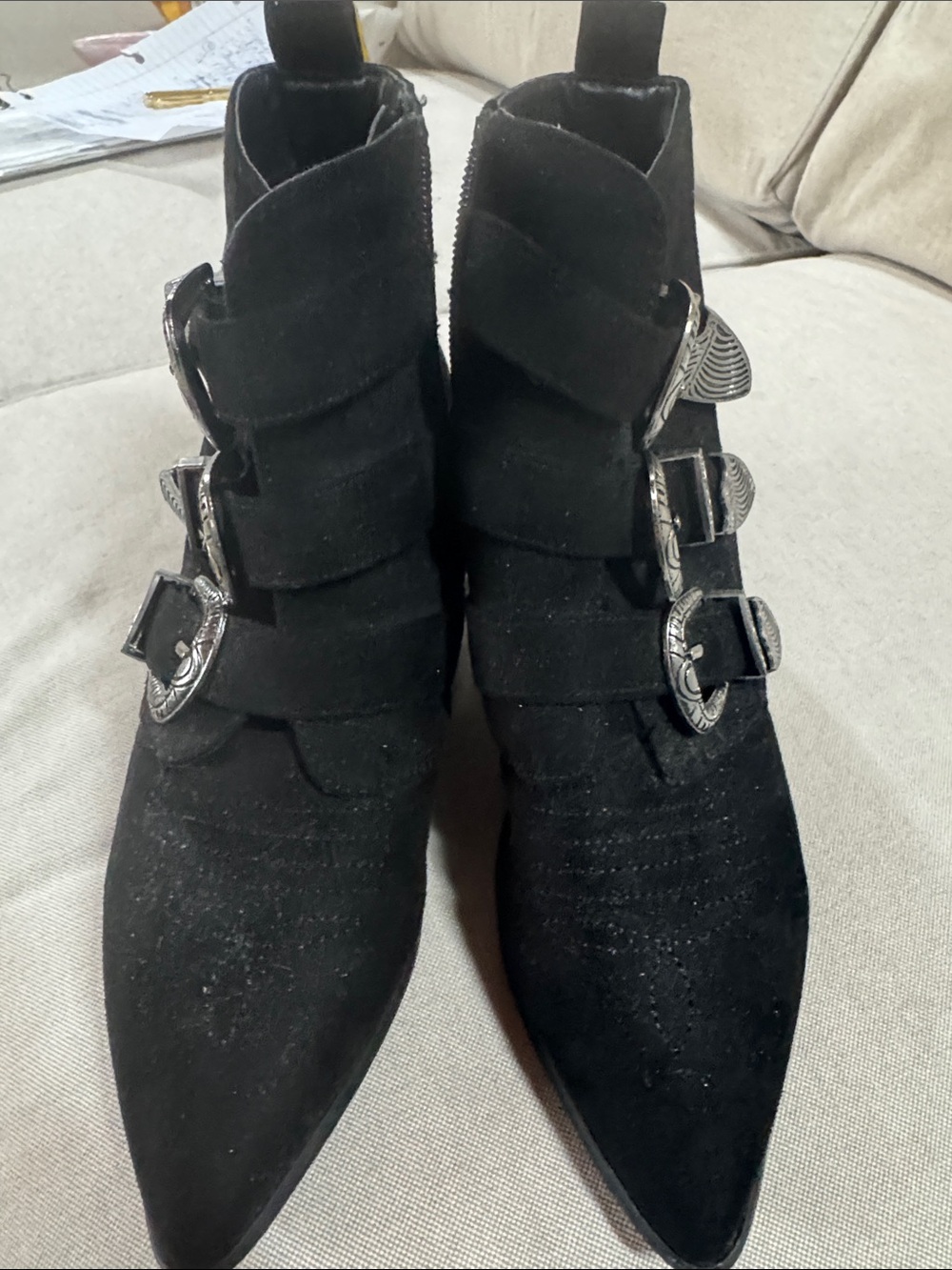 Black Suede Pointed Buckle Ankle Boots - Women's